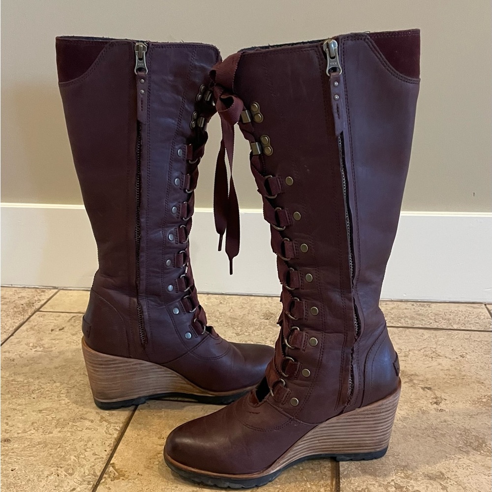 Sorel Women's Lace-Up Tall Wedge Boots in Burgundy